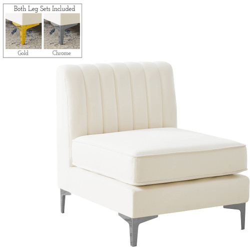 Cream-Armless Alina Collection Modern | Contemporary Velvet Upholstered Modular Chair with Deep Channel Tufting, 26" W x 32.5" D x 31" H, Cream