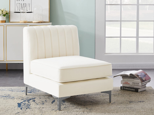 Cream-Armless Alina Collection Modern | Contemporary Velvet Upholstered Modular Chair with Deep Channel Tufting, 26" W x 32.5" D x 31" H, Cream