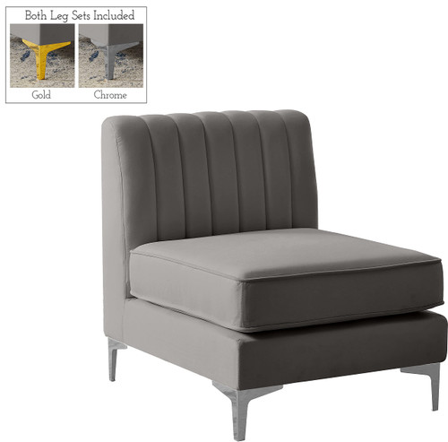 Grey-Armless Alina Collection Modern | Contemporary Velvet Upholstered Modular Chair with Deep Channel Tufting, 26" W x 32.5" D x 31" H, Grey