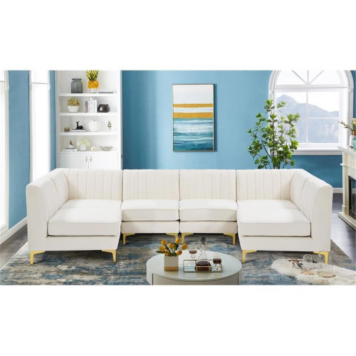 Cream-Sec6B Alina Collection Modern | Contemporary Velvet Upholstered Modular Sectional with Deep Channel Tufting, 116.5" W x 58.5" D x 31" H, Cream