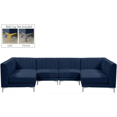 Navy-Sec6B Alina Collection Modern | Contemporary Velvet Upholstered Modular Sectional with Deep Channel Tufting, 116.5" W x 58.5" D x 31" H, Navy