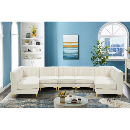 Cream-Sec7A Alina Collection Modern | Contemporary Velvet Upholstered Modular Sectional with Deep Channel Tufting, 142" W x 58.5" D x 31" H, Cream