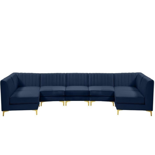 Navy-Sec7A Alina Collection Modern | Contemporary Velvet Upholstered Modular Sectional with Deep Channel Tufting, 142" W x 58.5" D x 31" H, Navy