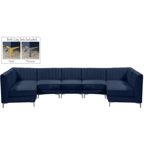 Navy-Sec7A Alina Collection Modern | Contemporary Velvet Upholstered Modular Sectional with Deep Channel Tufting, 142" W x 58.5" D x 31" H, Navy