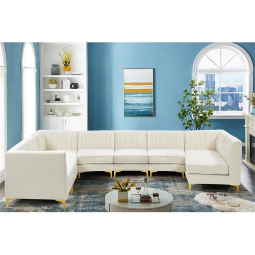 Cream-Sec8A Alina Collection Modern | Contemporary Velvet Upholstered Modular Sectional with Deep Channel Tufting, 142" W x 91" D x 31" H, Cream