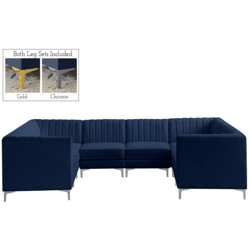 Navy-Sec8B Alina Collection Modern | Contemporary Velvet Upholstered Modular Sectional with Deep Channel Tufting, 116.5" W x 91" D x 31" H, Navy