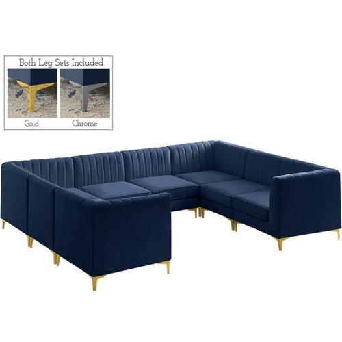 Navy-Sec8B Alina Collection Modern | Contemporary Velvet Upholstered Modular Sectional with Deep Channel Tufting, 116.5" W x 91" D x 31" H, Navy
