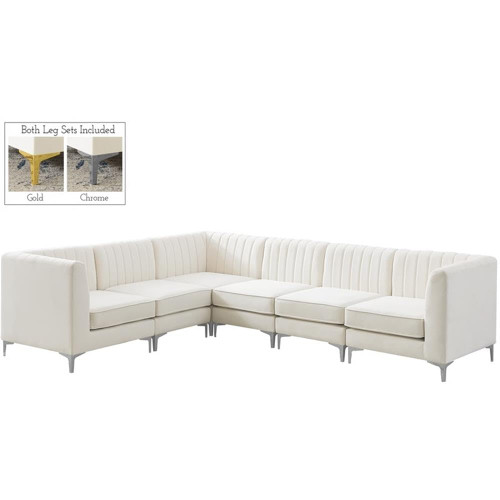Cream-Sec6A Alina Collection Modern | Contemporary Velvet Upholstered Modular Sectional with Deep Channel Tufting, 116.5" W x 91" D x 31" H, Cream