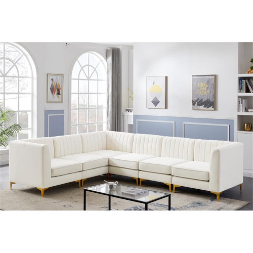 Cream-Sec6A Alina Collection Modern | Contemporary Velvet Upholstered Modular Sectional with Deep Channel Tufting, 116.5" W x 91" D x 31" H, Cream