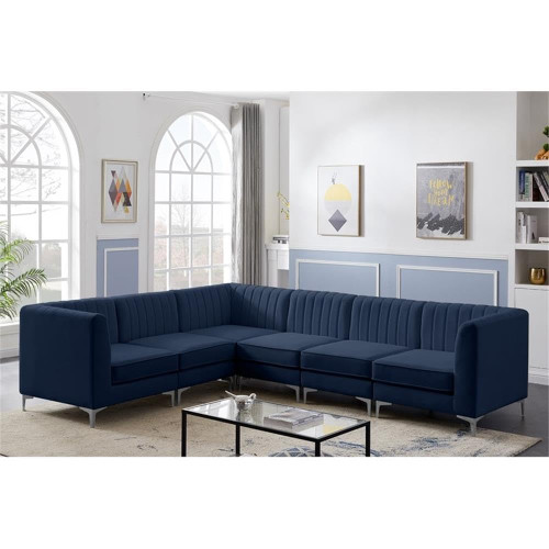 Navy-Sec6A Alina Collection Modern | Contemporary Velvet Upholstered Modular Sectional with Deep Channel Tufting, 116.5" W x 91" D x 31" H, Navy