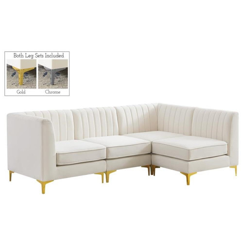 Cream-Sec4A Alina Collection Modern | Contemporary Velvet Upholstered Modular Sectional with Deep Channel Tufting, 91" W x 58.5" D x 31" H, Cream