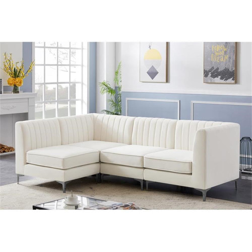 Cream-Sec4A Alina Collection Modern | Contemporary Velvet Upholstered Modular Sectional with Deep Channel Tufting, 91" W x 58.5" D x 31" H, Cream