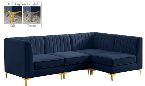 Navy-Sec4A Alina Collection Modern | Contemporary Velvet Upholstered Modular Sectional with Deep Channel Tufting, 91" W x 58.5" D x 31" H, Navy