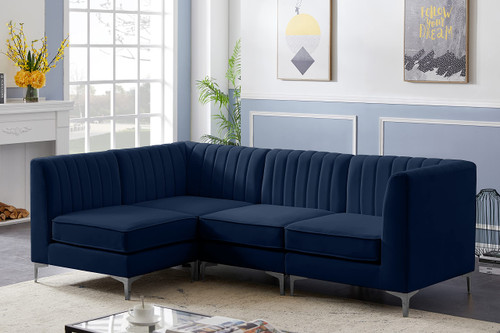 Navy-Sec4A Alina Collection Modern | Contemporary Velvet Upholstered Modular Sectional with Deep Channel Tufting, 91" W x 58.5" D x 31" H, Navy
