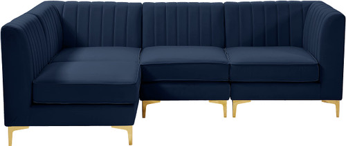 Navy-Sec4A Alina Collection Modern | Contemporary Velvet Upholstered Modular Sectional with Deep Channel Tufting, 91" W x 58.5" D x 31" H, Navy