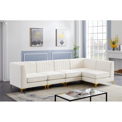 Cream-Sec5B Alina Collection Modern | Contemporary Velvet Upholstered Modular Sectional with Deep Channel Tufting, 116.5" W x 58.5" D x 31" H, Cream