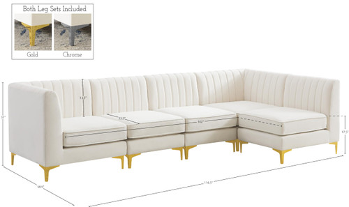 Cream-Sec5B Alina Collection Modern | Contemporary Velvet Upholstered Modular Sectional with Deep Channel Tufting, 116.5" W x 58.5" D x 31" H, Cream