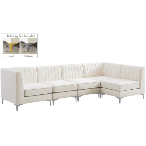 Cream-Sec5B Alina Collection Modern | Contemporary Velvet Upholstered Modular Sectional with Deep Channel Tufting, 116.5" W x 58.5" D x 31" H, Cream