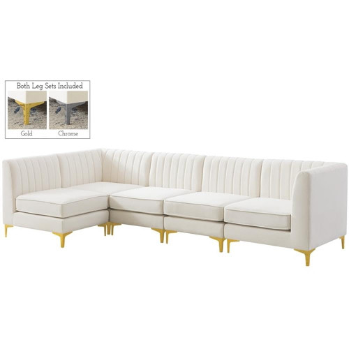 Cream-Sec5B Alina Collection Modern | Contemporary Velvet Upholstered Modular Sectional with Deep Channel Tufting, 116.5" W x 58.5" D x 31" H, Cream