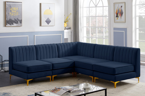 Navy-Sec5A Alina Collection Modern | Contemporary Velvet Upholstered Modular Sectional with Deep Channel Tufting, 84.5" W x 84.5" D x 31" H, Navy