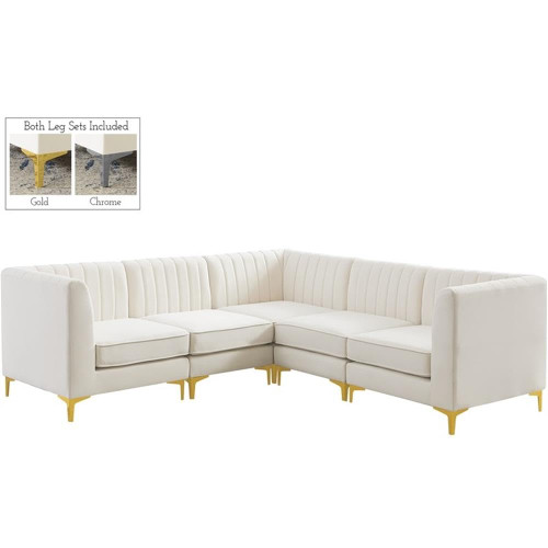 Cream-Sec5C Alina Collection Modern | Contemporary Velvet Upholstered Modular Sectional with Deep Channel Tufting, 91" W x 91" D x 31" H, Cream