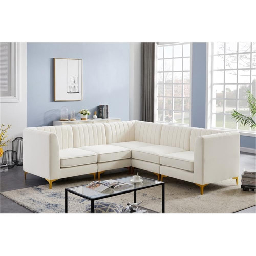 Cream-Sec5C Alina Collection Modern | Contemporary Velvet Upholstered Modular Sectional with Deep Channel Tufting, 91" W x 91" D x 31" H, Cream