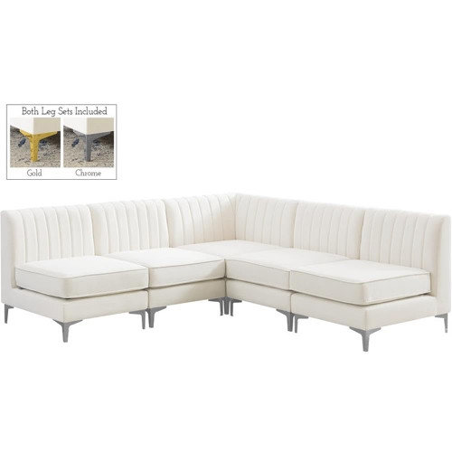 Cream-Sec5A Alina Collection Modern | Contemporary Velvet Upholstered Modular Sectional with Deep Channel Tufting, 84.5" W x 84.5" D x 31" H, Cream