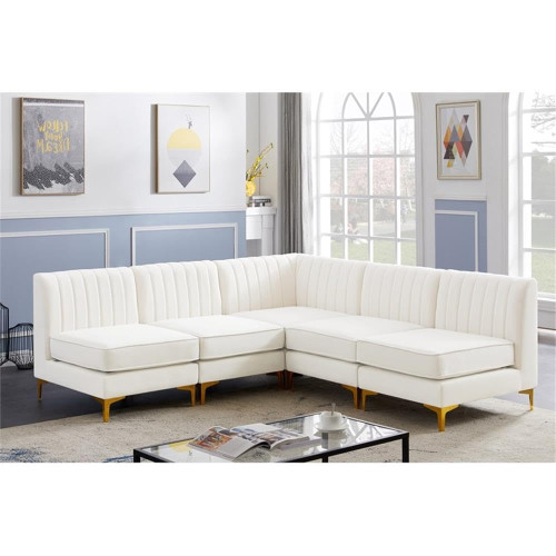Cream-Sec5A Alina Collection Modern | Contemporary Velvet Upholstered Modular Sectional with Deep Channel Tufting, 84.5" W x 84.5" D x 31" H, Cream