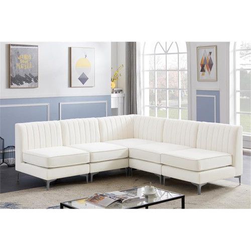 Cream-Sec5A Alina Collection Modern | Contemporary Velvet Upholstered Modular Sectional with Deep Channel Tufting, 84.5" W x 84.5" D x 31" H, Cream