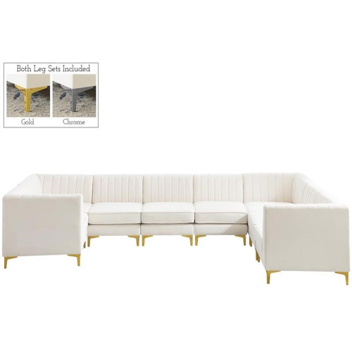 Cream-Sec8C Alina Collection Modern | Contemporary Velvet Upholstered Modular Sectional with Deep Channel Tufting, 142" W x 91" D x 31" H, Cream