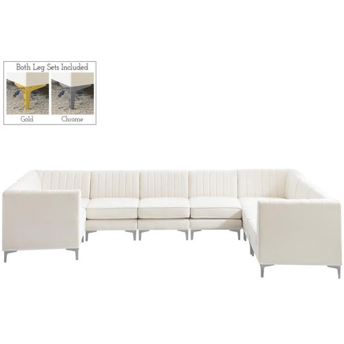 Cream-Sec8C Alina Collection Modern | Contemporary Velvet Upholstered Modular Sectional with Deep Channel Tufting, 142" W x 91" D x 31" H, Cream