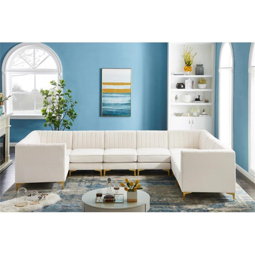Cream-Sec8C Alina Collection Modern | Contemporary Velvet Upholstered Modular Sectional with Deep Channel Tufting, 142" W x 91" D x 31" H, Cream