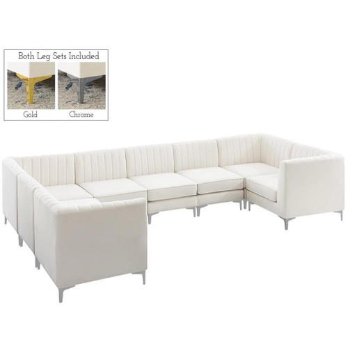 Cream-Sec8C Alina Collection Modern | Contemporary Velvet Upholstered Modular Sectional with Deep Channel Tufting, 142" W x 91" D x 31" H, Cream
