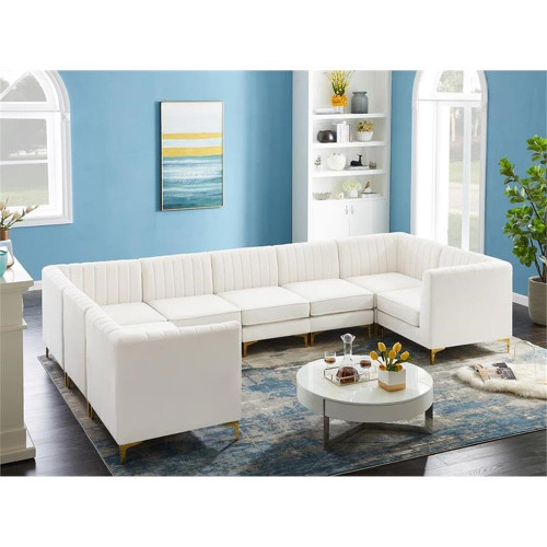 Cream-Sec8C Alina Collection Modern | Contemporary Velvet Upholstered Modular Sectional with Deep Channel Tufting, 142" W x 91" D x 31" H, Cream