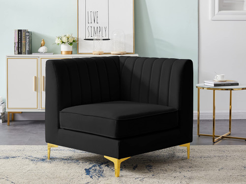 Black-Corner Alina Collection Modern | Contemporary Velvet Upholstered Modular Chair with Deep Channel Tufting, 32.5" W x 32.5" D x 31" H, Black