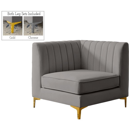 Grey-Corner Alina Collection Modern | Contemporary Velvet Upholstered Modular Chair with Deep Channel Tufting, 32.5" W x 32.5" D x 31" H, Grey