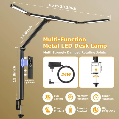 LED Desk Lamp with Clamp, Architect Desk Lamp for Home Office with Remote, 24W Ultra-Bright Desk Light with Stepless Dimming and Stepless Color Temp, Memory Function for Study and Workbench