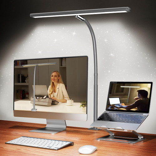 LED Desk Lamp with Clamp, 17" Stepless Dimming Light, Grey
