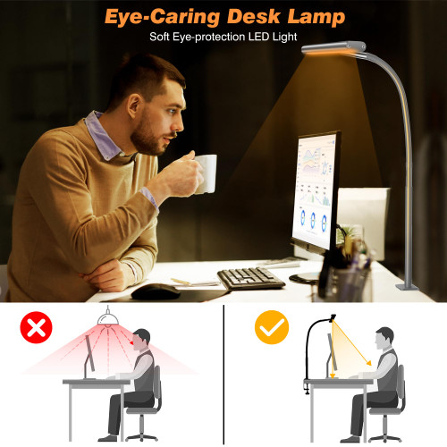 LED Desk Lamp with Clamp, 17" Stepless Dimming Light, Grey