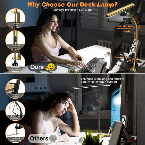 LED Desk Lamp with Clamp, 17" Stepless Dimming Light, Gold