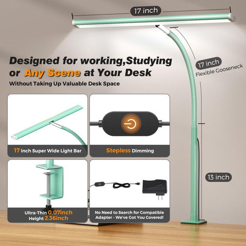 LED Desk Lamp with Clamp, 17" Stepless Dimming Light, Mint Green