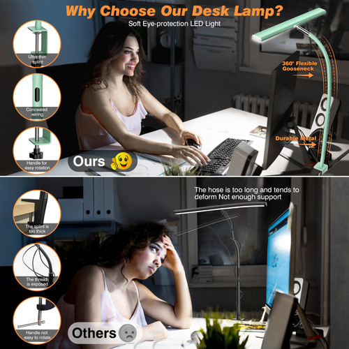 LED Desk Lamp with Clamp, 17" Stepless Dimming Light, Mint Green