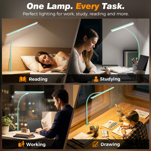 LED Desk Lamp with Clamp, 17" Stepless Dimming Light, Mint Green