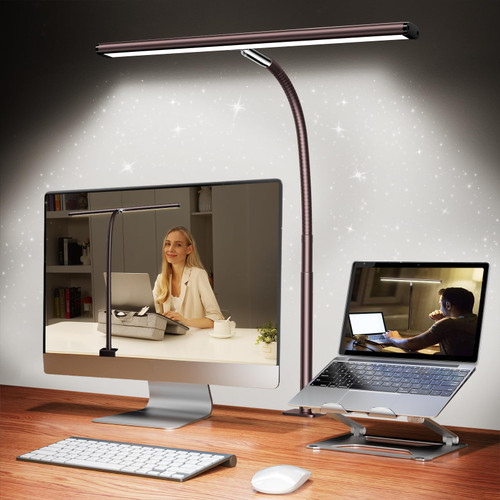LED Desk Lamp with Clamp, 17" Stepless Dimming Light, Brown