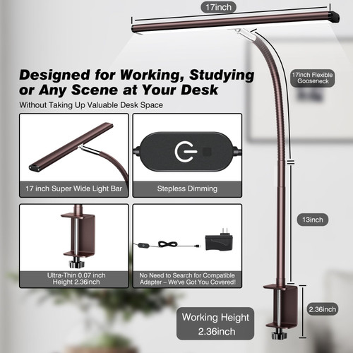 LED Desk Lamp with Clamp, 17" Stepless Dimming Light, Brown