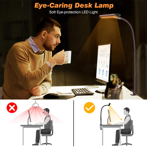 LED Desk Lamp with Clamp, 17" Stepless Dimming Light, Brown
