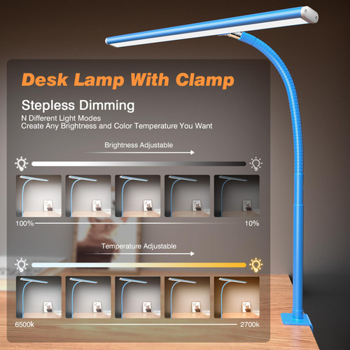 LED Desk Lamp with Clamp, 17" Stepless Dimming Light, Blue