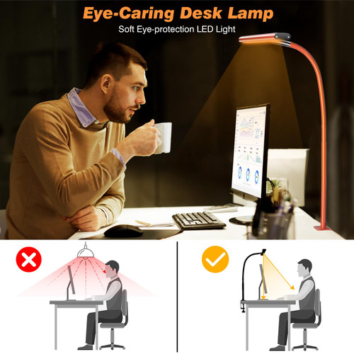 LED Desk Lamp with Clamp, 17" Stepless Dimming Light, Orange