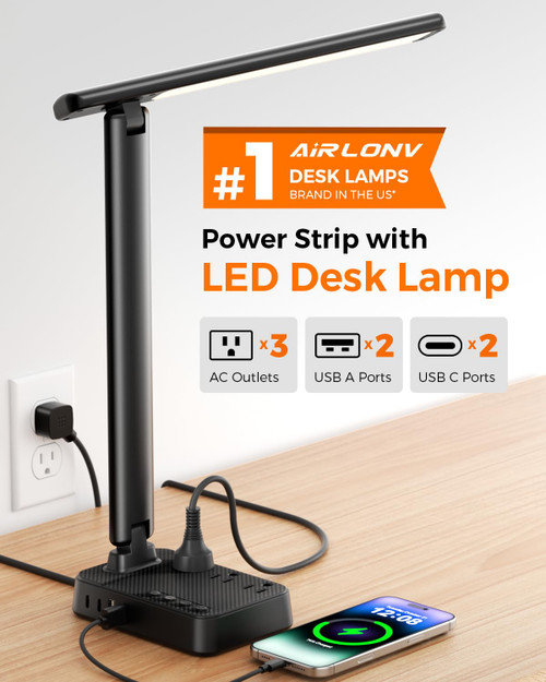 LED Desk Lamp for Office Home, Power Strip with 3 Outlets 4 USB Charging Ports(2 USBC), 4 Modes 5 Level Brightness Desk Light, Small Desk Lamp for College Dorm Room Essentials