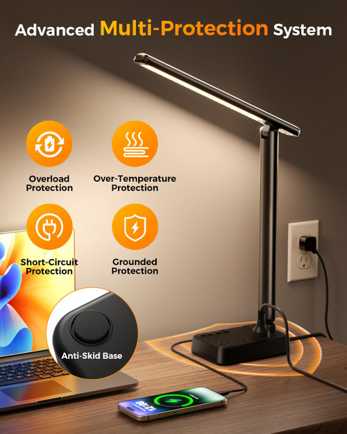 LED Desk Lamp for Office Home, Power Strip with 3 Outlets 4 USB Charging Ports(2 USBC), 4 Modes 5 Level Brightness Desk Light, Small Desk Lamp for College Dorm Room Essentials